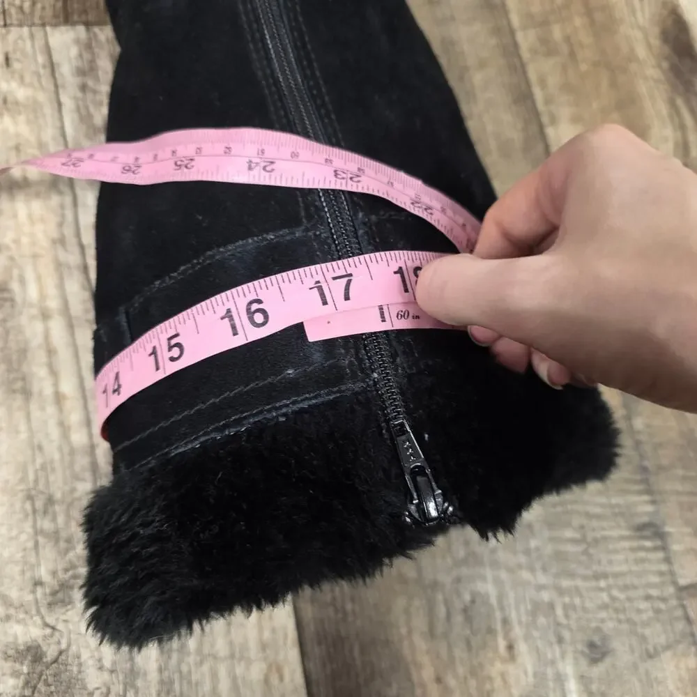 BareTraps Wedge Faux Fur Tall Boots Size 9M Cauchy Black Suede Buckles